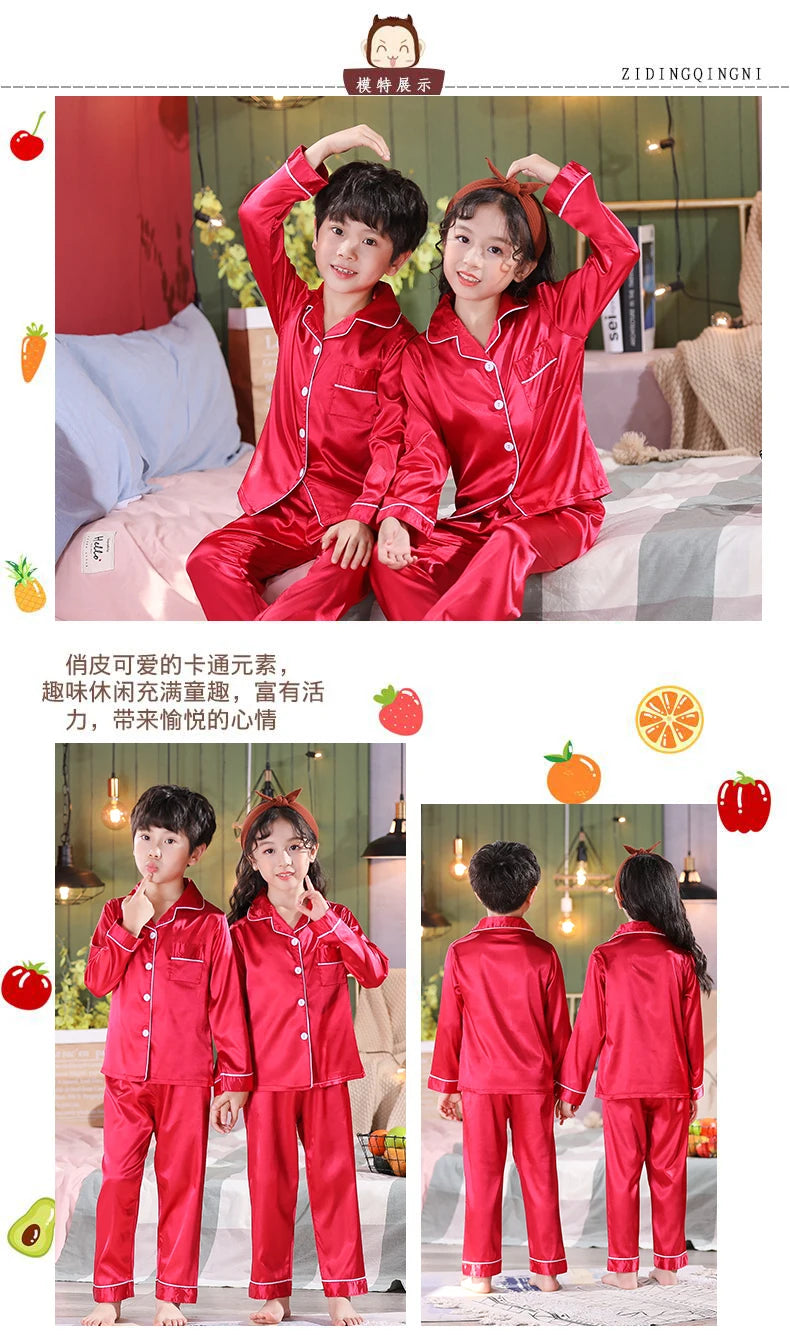 Children Silk Satin Pyjamas Set Baby Sleepwear Pijama Solid color Pajamas Suit Boys Girls Nightwear Autumn Kids Loungewear Pjs GONZALES ONLINE SHOP