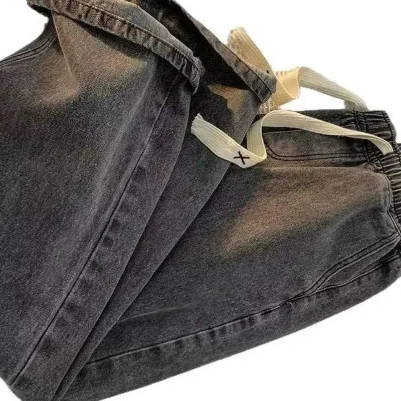 Spring and Autumn new American drawstring jeans for men, loose and versatile casual pants, trendy washed men's pants