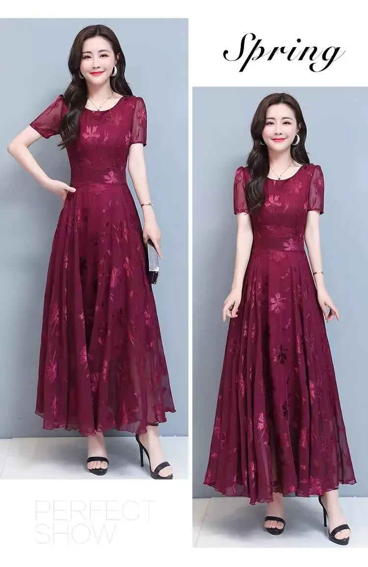 Casual Blue Clothes For Women Summer Maxi Dress 2024 New Red Chiffon O-Neck Party Elegant Boho Korean Fashion Evening Dresses GONZALES ONLINE SHOP