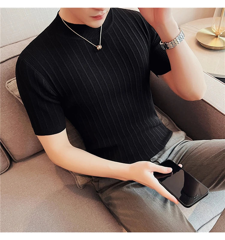 Men's High-End Casual Short Sleeve knitting Sweater/Male High collar Slim Fit Stripe Set head Knit Shirts Plus size S-4XL GONZALES ONLINE SHOP