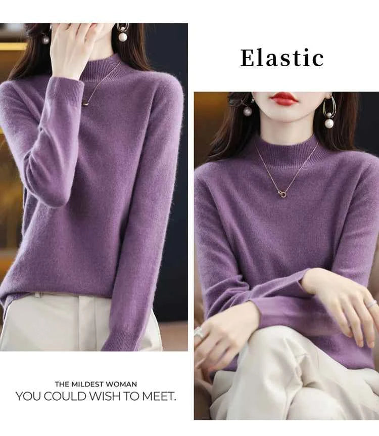 Half High Solid Color Cashmere Sweater For Women Loose Pullover Autumn and Winter Contracted Commuter Basic Knitwear Top Base