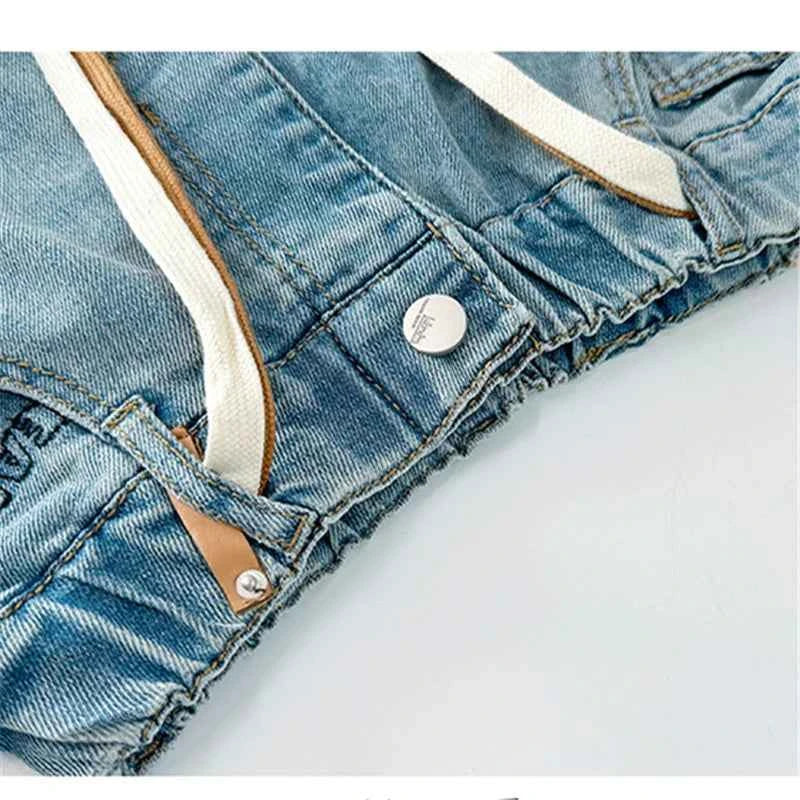 High Quality Kids Straight Fit Drawstring Jeans for Boy Girl Brief High Waist Denim Pants Unisex Child Casual Jeans Trousers