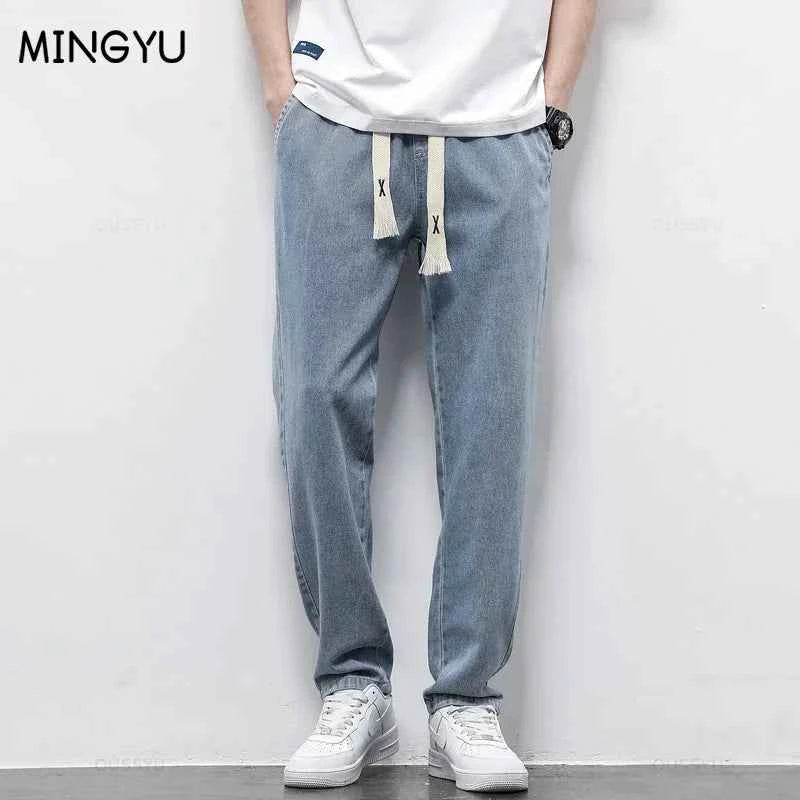 High Quality Fully Elastic Waist Men's Jeans Cotton Soft Drawstring Straight Pants Korea Casual Trousers Male Plus Size S-5XL
