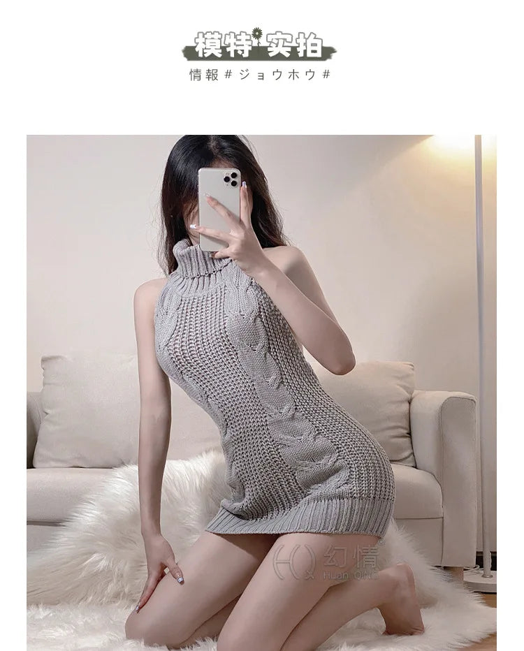 High Neck Knitted Sweater Sexy Backless Women New Dress Sleeveless Charm Solid Color Mature Fashion Elegant Soft Resilient AK74 GONZALES ONLINE SHOP