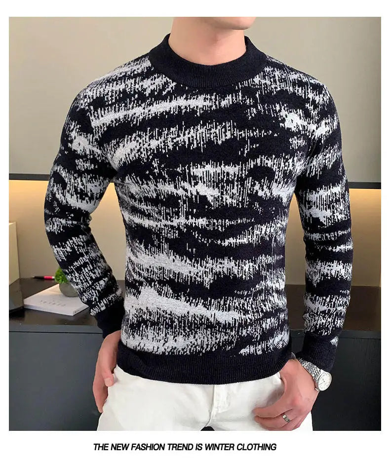 Autumn Winter Velvet Knitted Sweater Men Long Sleeve Casual Business Sweaters Comfortable Warm Versatile Social Pullover Tops GONZALES ONLINE SHOP