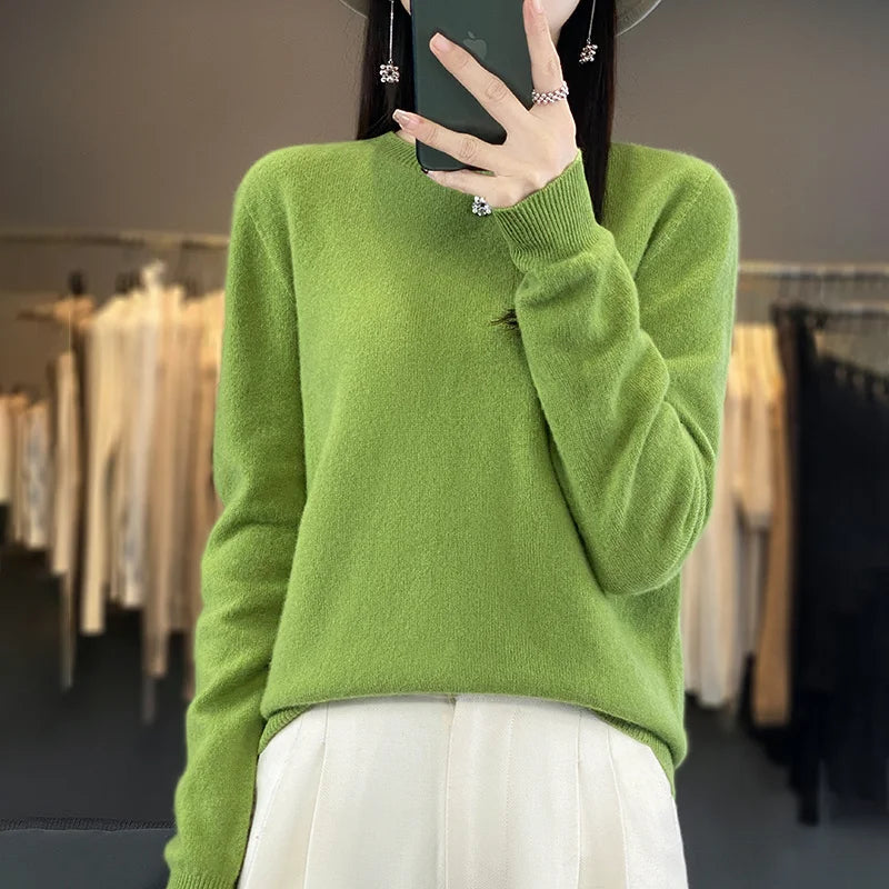 100% Merino Wool Sweater Women O-neck Cashmere Knitwear Female Pullover Autumn Winter Casual Tops Solid Color Soft  Clothing GONZALES ONLINE SHOP