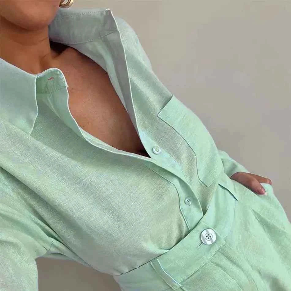 Women Long Sleeve 2 Pieces Sets Casual Simple Button Pockets Short Pant with Shirts Tops 2026 Summer Fashion Suit Female Outfits