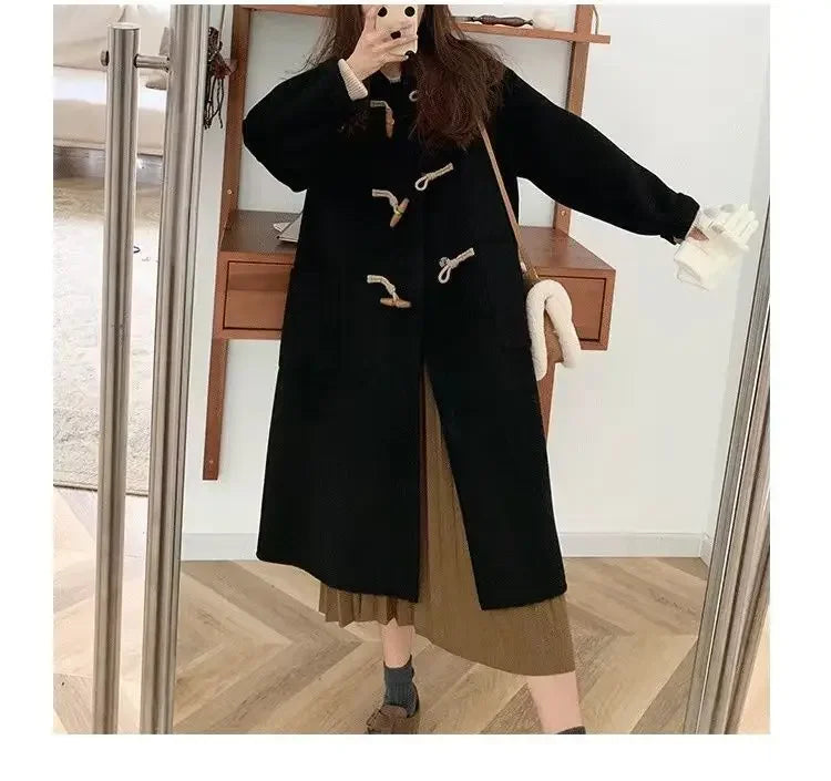 Women Chic Horn Button Long Blends Coats Solid Colors Warm Autumn Winter Coats Big Pockets Elegant Commute Outwears New Parkas GONZALES ONLINE SHOP