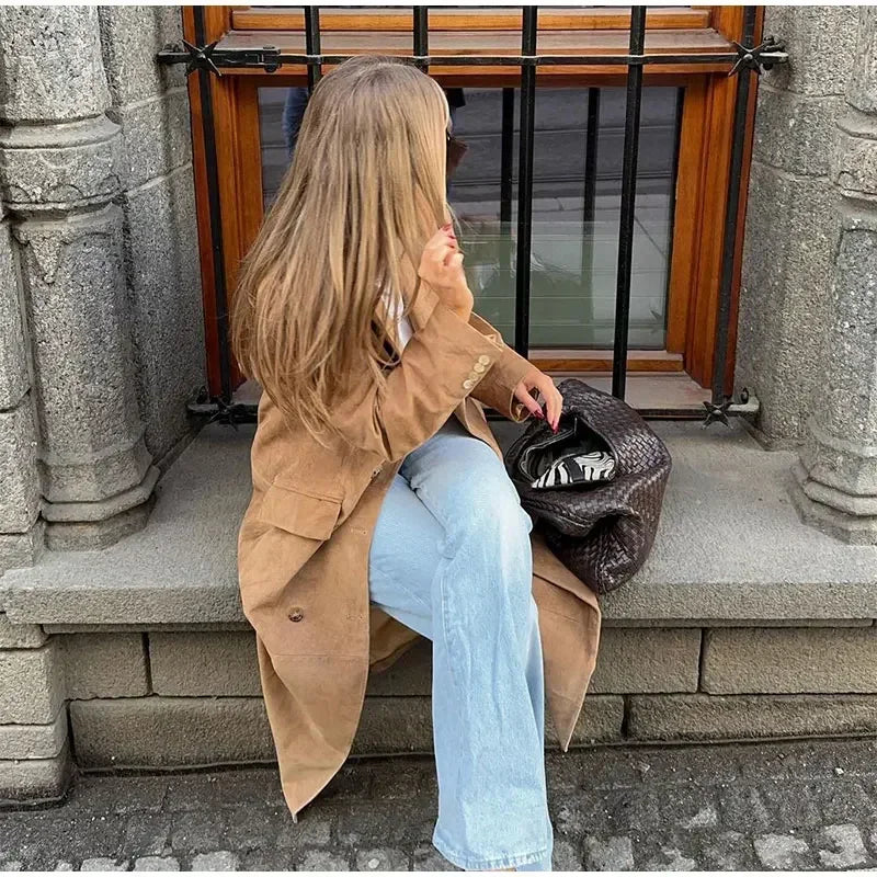 Women Fashion Double Breasted Solid Suede Overcoats Elegant Lapel Full Sleeves Pocket Long Coat Autumn Chic Lady Commute Outwear GONZALES ONLINE SHOP