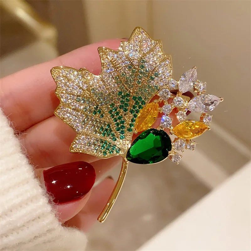 High-end Luxury Yellow Crystal Maple Leaf Brooch For Women Exquisite Rhinestone Flower Brooch Pin Banquet Wedding Jewelry GONZALES ONLINE SHOP