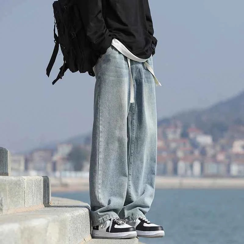 Men's summer loose straight leg pants with elastic drawstring, casual jeans, comfortable, fashionable and trendy jeans