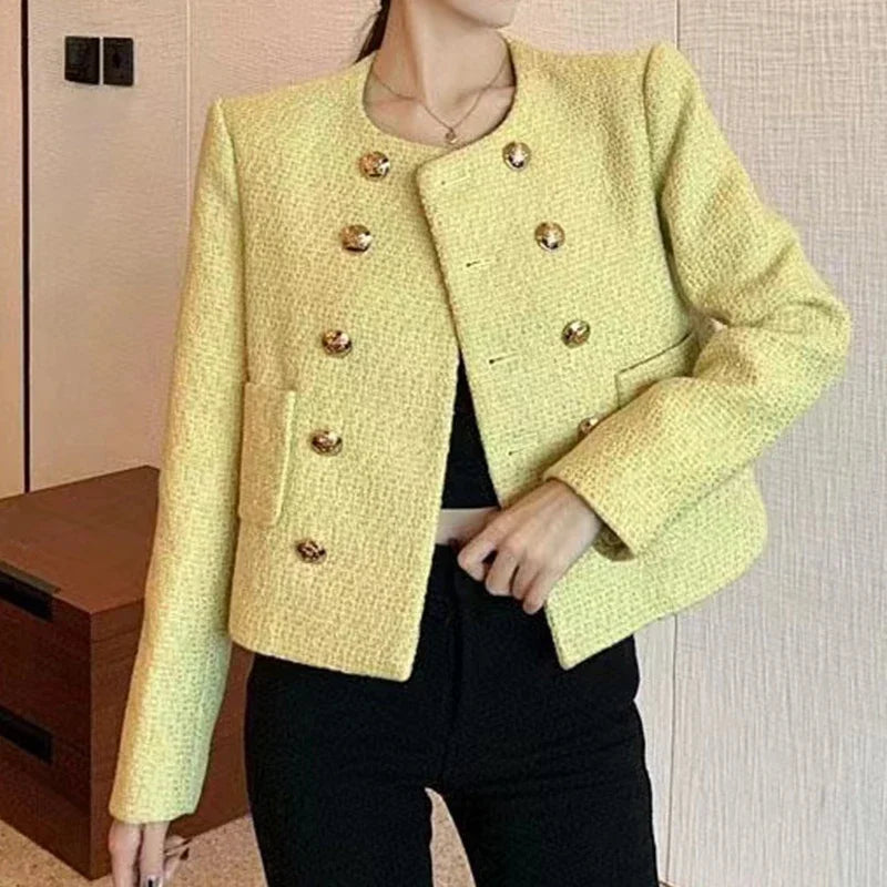 Chic Yellow Tweed Jacket Women  Autumn Double Breasted O-neck Woolen Coat Ladies Office Winter Elegant Street Outerwear GONZALES ONLINE SHOP