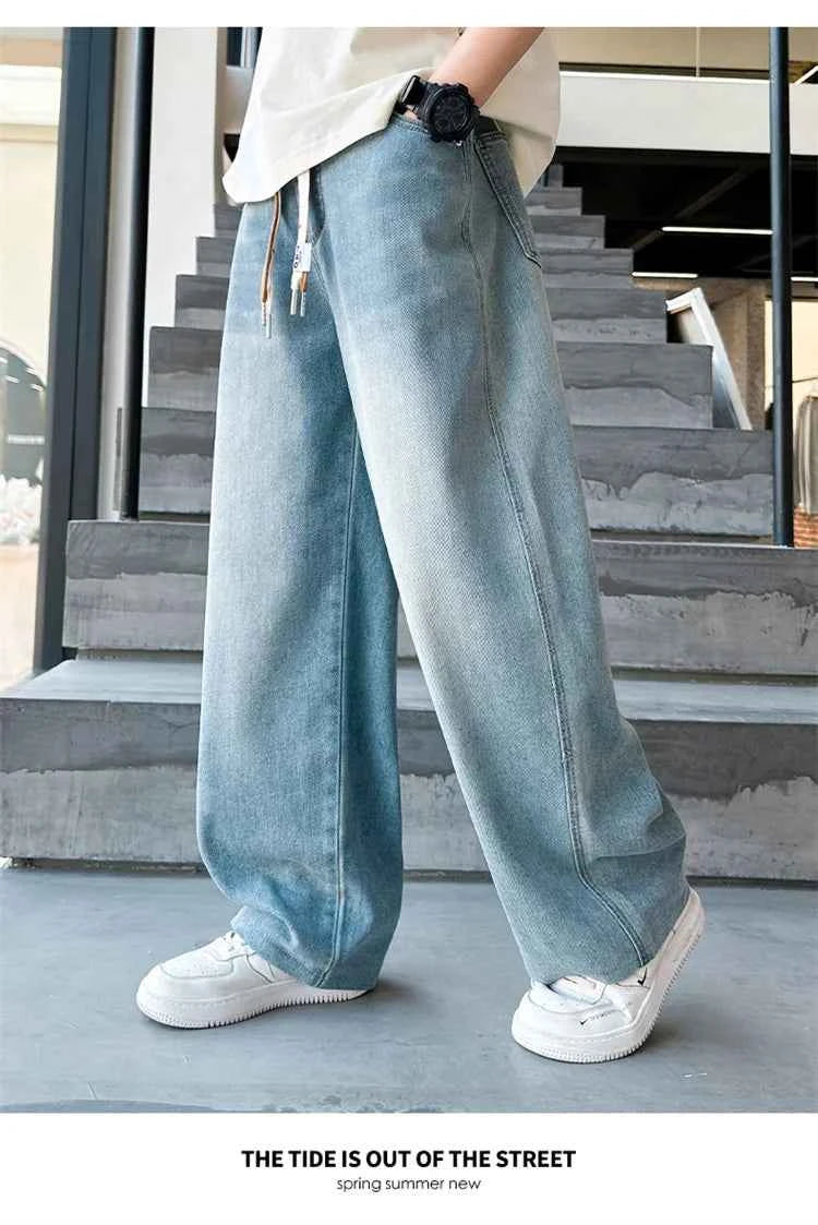 High Quality Kids Straight Fit Drawstring Jeans for Boy Girl Brief High Waist Denim Pants Unisex Child Casual Jeans Trousers