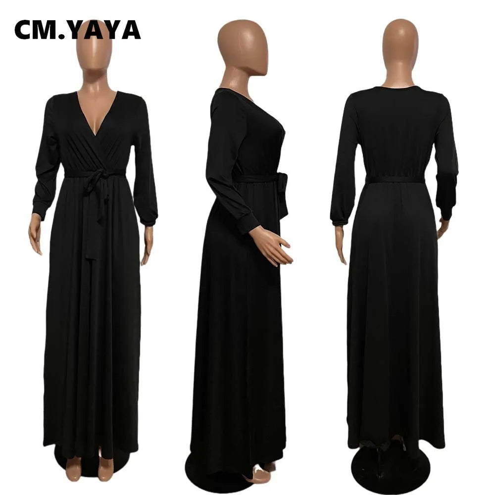 CM.YAYA Elegant Women Wraped V-neck Long Sleeve with Sashes Maxi Long Dress Chic INS Sexy Party Prom Big Swing Pink Dresses GONZALES ONLINE SHOP