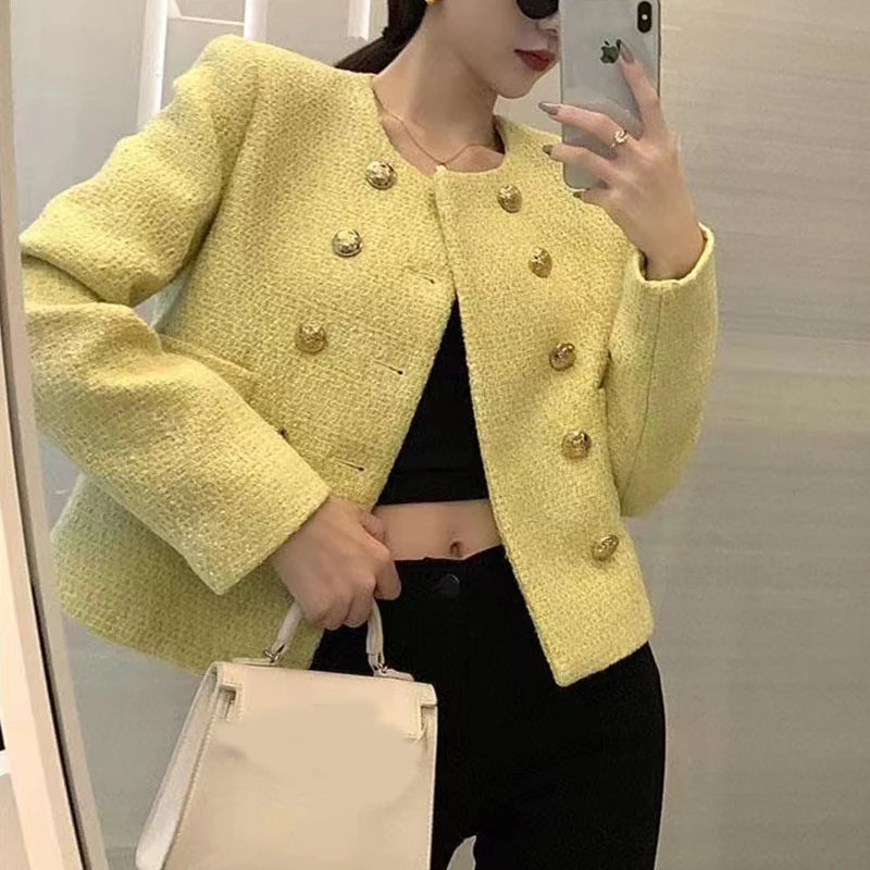 Chic Yellow Tweed Jacket Women  Autumn Double Breasted O-neck Woolen Coat Ladies Office Winter Elegant Street Outerwear GONZALES ONLINE SHOP