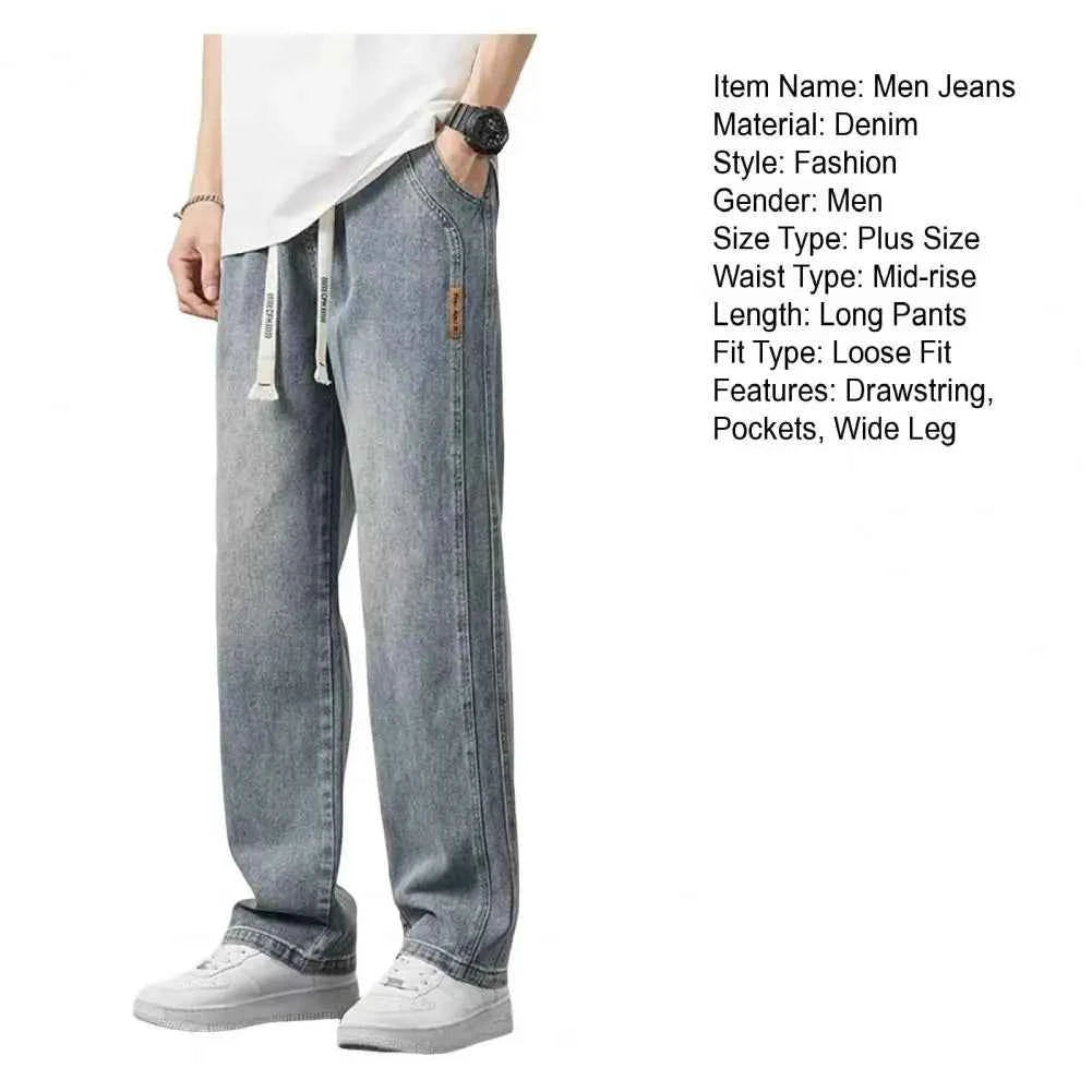 Non-deformed Men Gradient Color Jeans Versatile Men's Elastic Waist Denim Pants Adjustable Drawstring Solid Color for Casual