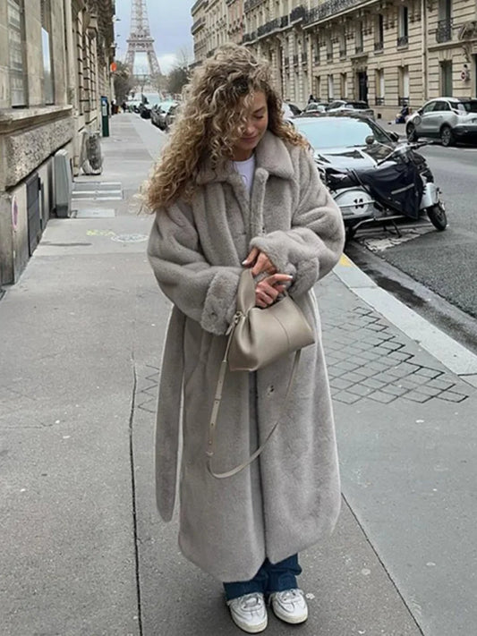 Elegant Thicken Warm Plush Faux Fur Long Coat Women Chic Single Breasted Lapel Overcoat With Belt New Lady Winter Fluffy Outwear GONZALES ONLINE SHOP