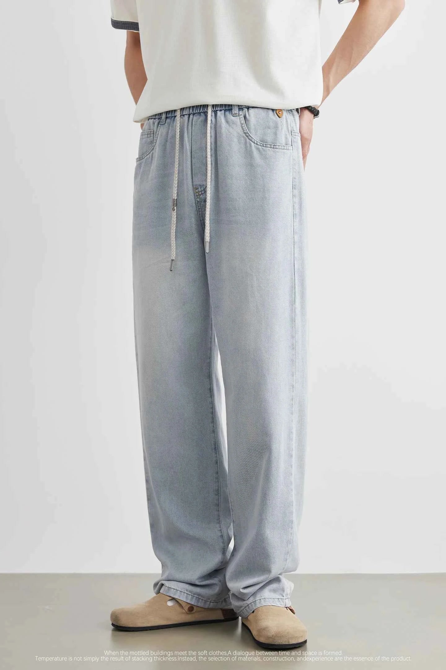 Fashion Men's Drawstring Elastic Waist Street Style Drape Jeans 2025 Summer Light Blue Washed Loose Straight Casual Pants