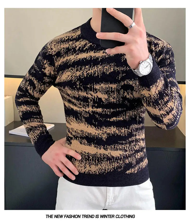 Autumn Winter Velvet Knitted Sweater Men Long Sleeve Casual Business Sweaters Comfortable Warm Versatile Social Pullover Tops GONZALES ONLINE SHOP