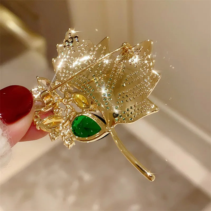 High-end Luxury Yellow Crystal Maple Leaf Brooch For Women Exquisite Rhinestone Flower Brooch Pin Banquet Wedding Jewelry GONZALES ONLINE SHOP