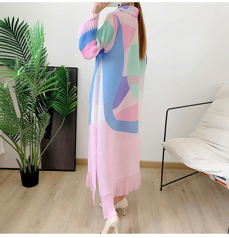 Miyake Maxi Pleated Dress for Women Lapel Single Breasted Long Sleeves Color Block Tassel Hem Loose Chic Elegant Luxury Clothing GONZALES ONLINE SHOP