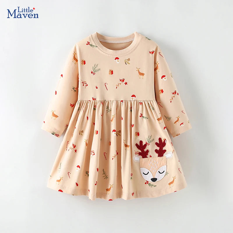 Little maven Kids Clothes Spring Autumn Western Style Baby Girls Long Sleeves Dress Cartoon Christmas Deer Girls Princess Dress GONZALES ONLINE SHOP