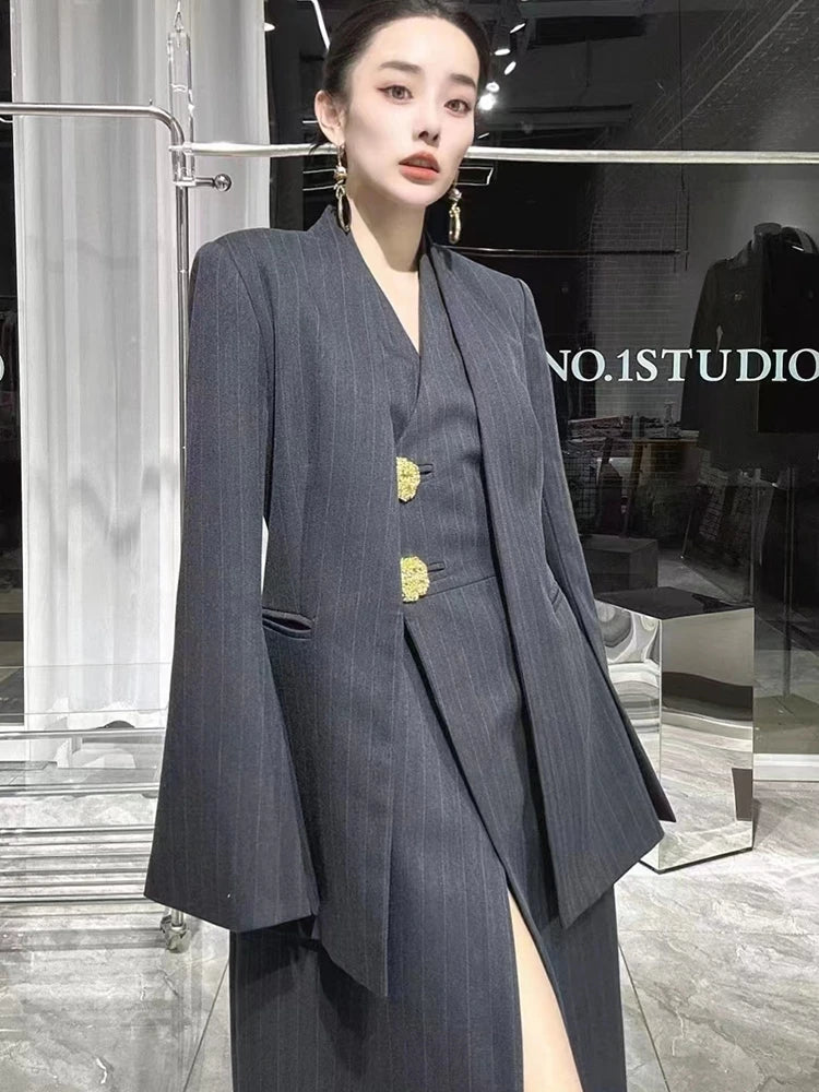 SuperAen 2023 Winter New Korean Dark Stripe V-Neck Split Dress Paired with A Fashionable Two Piece Suit Coat GONZALES ONLINE SHOP