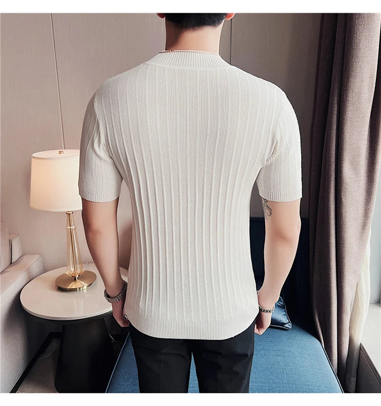 Men's High-End Casual Short Sleeve knitting Sweater/Male High collar Slim Fit Stripe Set head Knit Shirts Plus size S-4XL GONZALES ONLINE SHOP