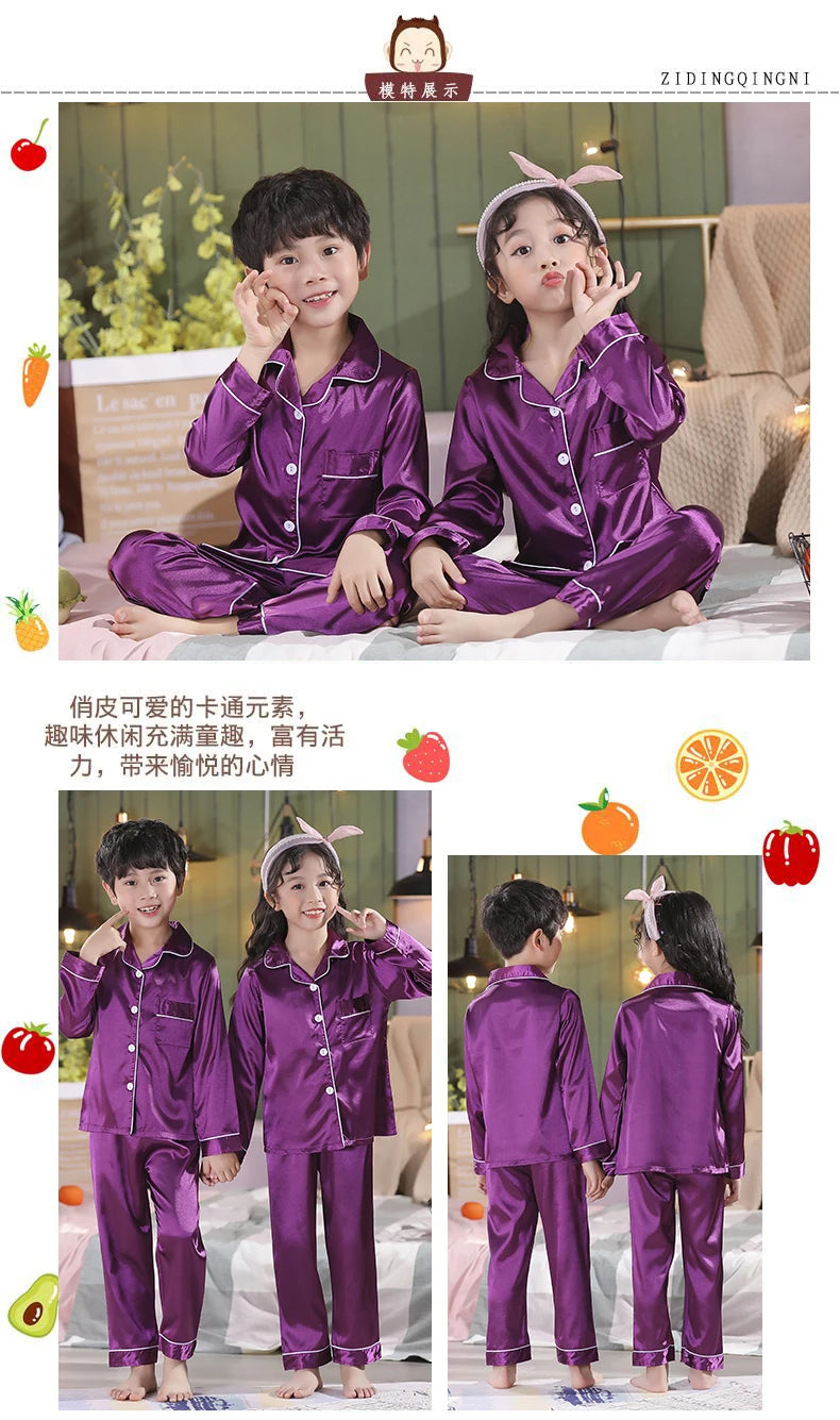 Children Silk Satin Pyjamas Set Baby Sleepwear Pijama Solid color Pajamas Suit Boys Girls Nightwear Autumn Kids Loungewear Pjs GONZALES ONLINE SHOP