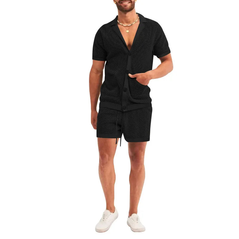 Summer New Men Shorts Mesh Hollow Out Knitted Casual Sports Lapel T-Shirt Short Sleeve Solid Beach Suit Men's 2 Pieces Set Suits GONZALES ONLINE SHOP