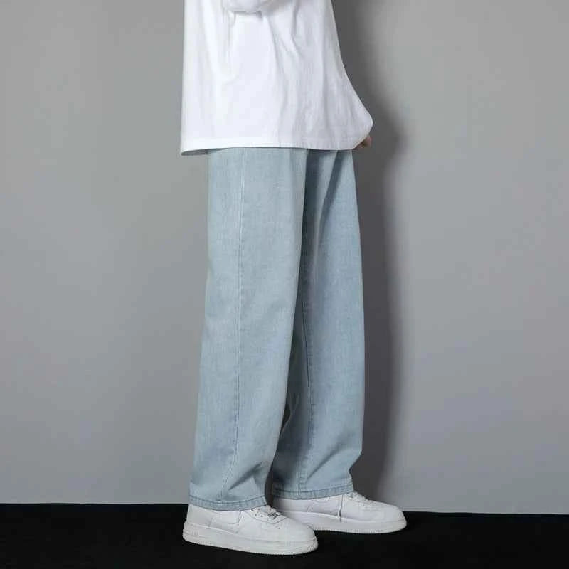 2026 New Korean Men's Casual Long Jeans Classic Man Straight Denim Wide-leg Pants Solid Color Light Blue Grey Black