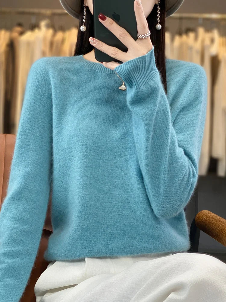 100% Merino Wool Sweater Women O-neck Cashmere Knitwear Female Pullover Autumn Winter Casual Tops Solid Color Soft  Clothing GONZALES ONLINE SHOP