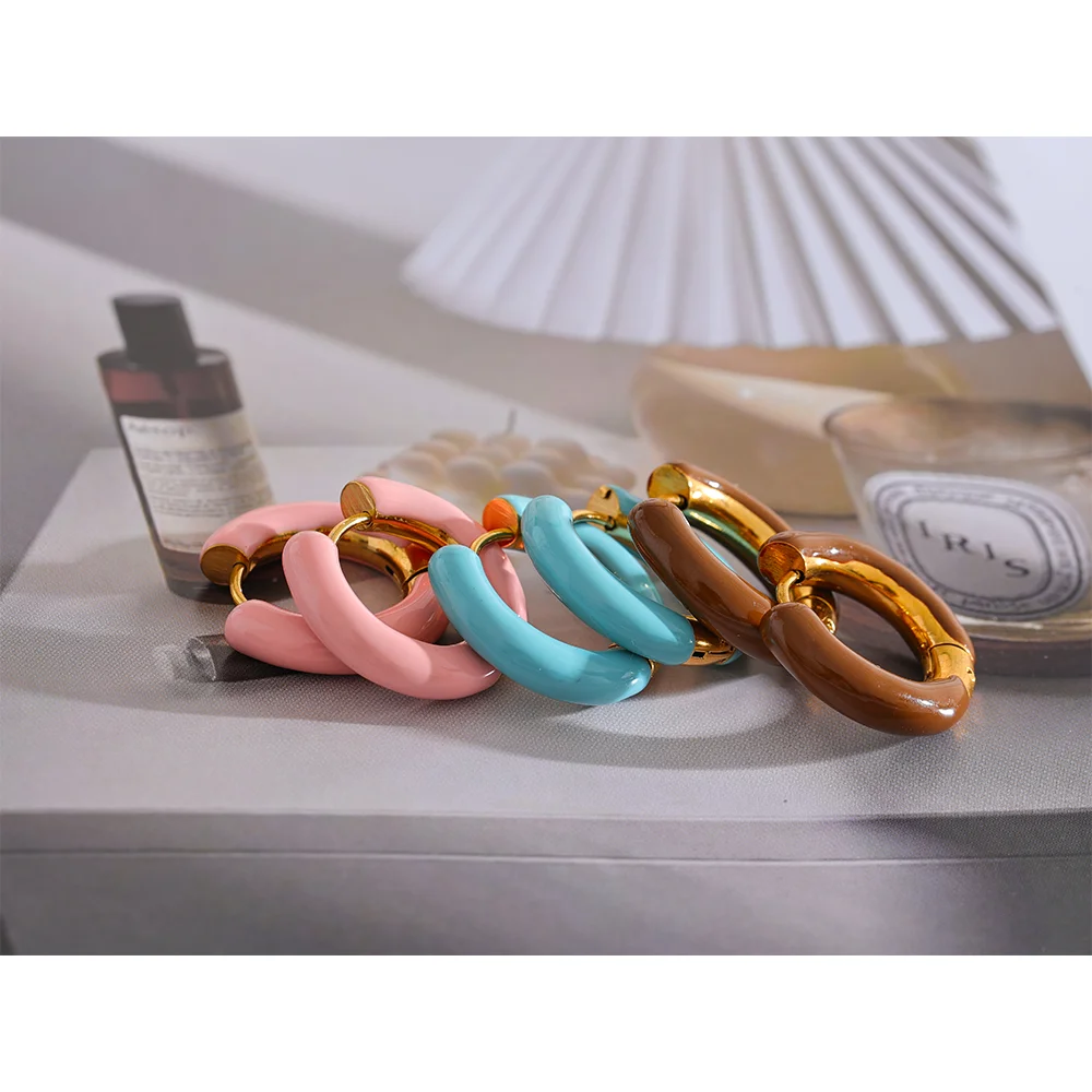 Yhpup 20mm Candy Color Blue Pink Brown Enamel Stainless Steel Hollow Hoop Earrings Golden Simple Trendy Y2K Sweet Jewelry Gift GONZALES ONLINE SHOP