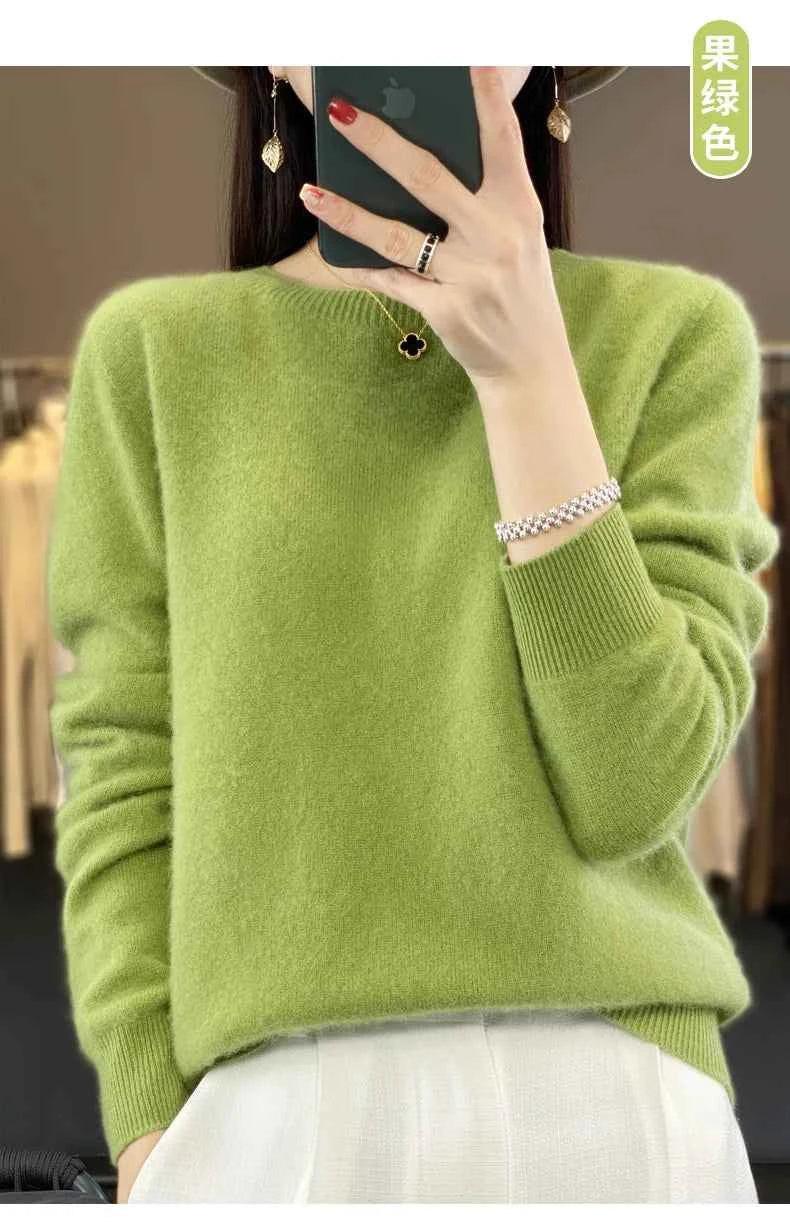 100% Merino Wool Sweater Women O-neck Cashmere Knitwear Female Pullover Autumn Winter Casual Tops Solid Color Soft  Clothing
