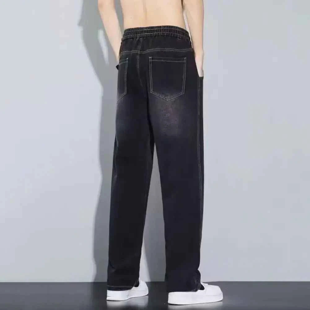 Non-deformed Men Gradient Color Jeans Versatile Men's Elastic Waist Denim Pants Adjustable Drawstring Solid Color for Casual