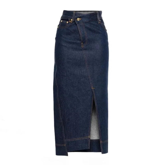 Elegant Mid-Length Denim Mini Skirt for Women High Waist Slimming Side Slit Casual Style Pure Color Polyester Autumn Fashion GONZALES ONLINE SHOP