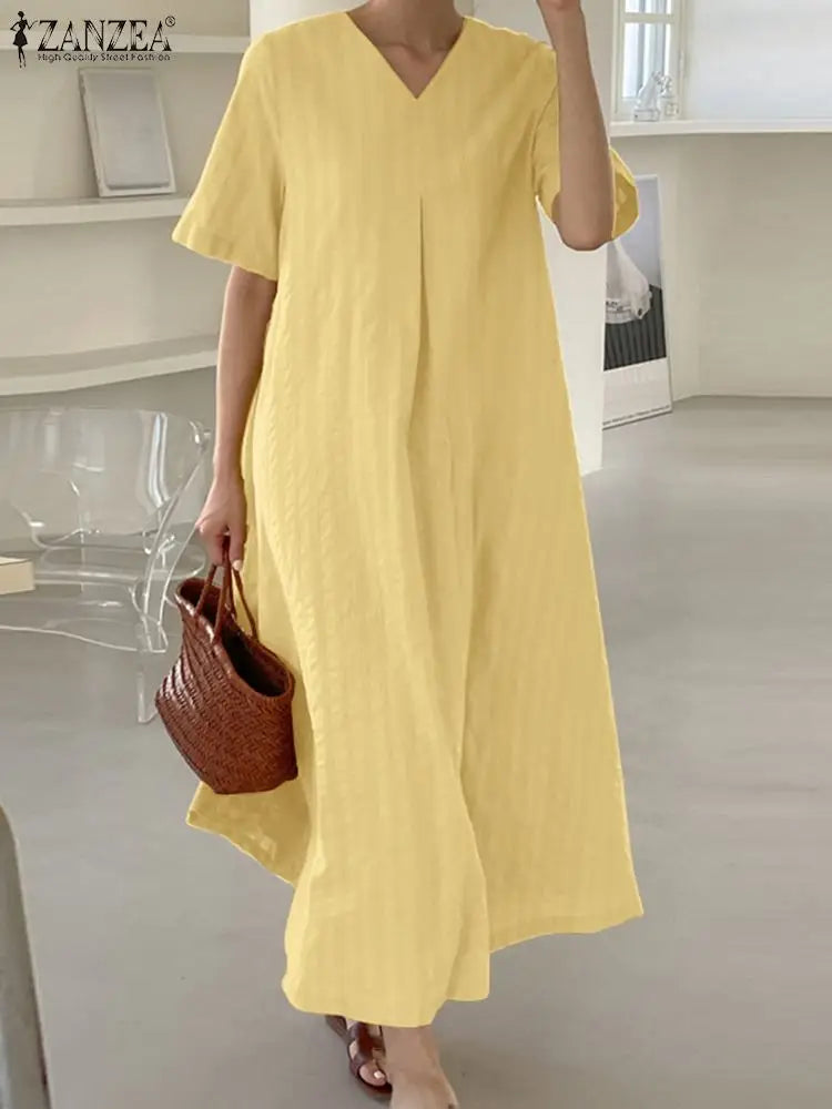 ZANZEA Elegant Women V Neck Short Sleeve Sundress Summer Fashion Casual Loose Maxi Dress Robe Femme Holiday Vestido Oversize GONZALES ONLINE SHOP