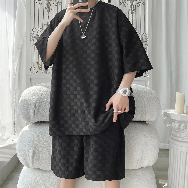 Men's Set Fashion Summer Loose Casual Plaid T Shirts And Shorts High Quality Korean Luxury Clothing Men's Clothes Big Size 5XL-M GONZALES ONLINE SHOP