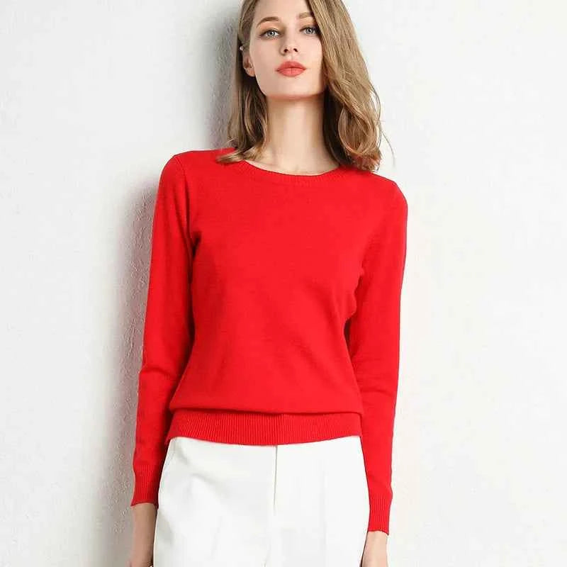 Women Slim O-Neck Solid Pullover Cashmere Wool Blending Sweater Autumn And Winter Long-Sleeved Knit Bottoming Shirt Large Size