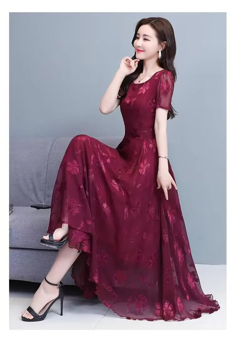 Casual Blue Clothes For Women Summer Maxi Dress 2024 New Red Chiffon O-Neck Party Elegant Boho Korean Fashion Evening Dresses GONZALES ONLINE SHOP