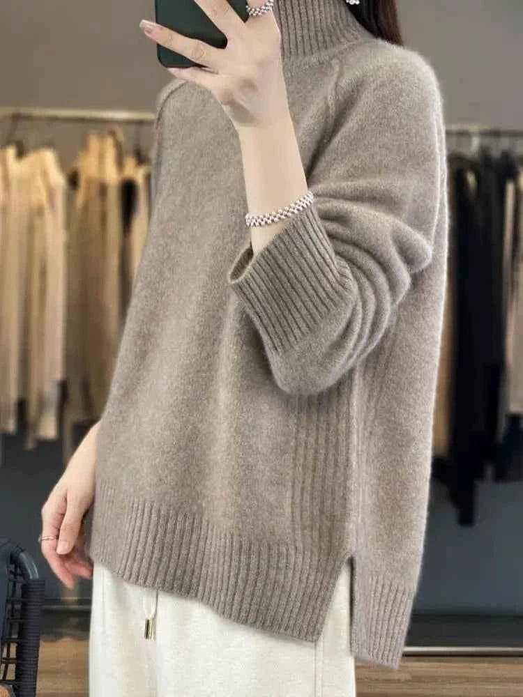 Women's High-Necked Cashmere Sweater 100% Soft Wool Thickened Lazy Raglan Sweater with Slit for Autumn Winter Comfortable Waxy W