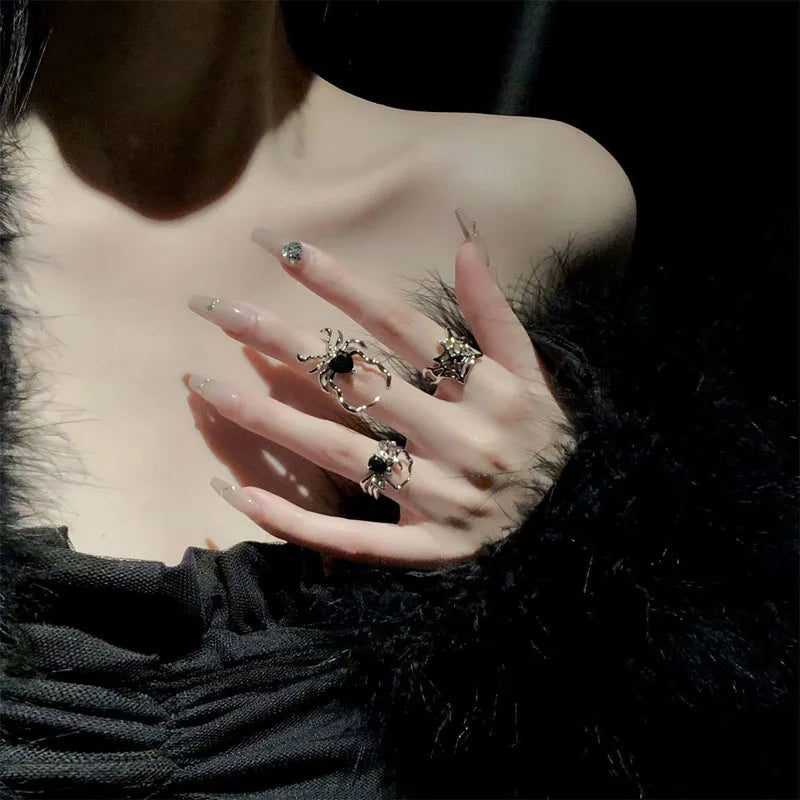 Gothic Punk Spider Webs Zircon Adjustable Ring Women Black Crystal Dark Animal Rings Hip Hop Fashion Party Finger Jewelry GONZALES ONLINE SHOP