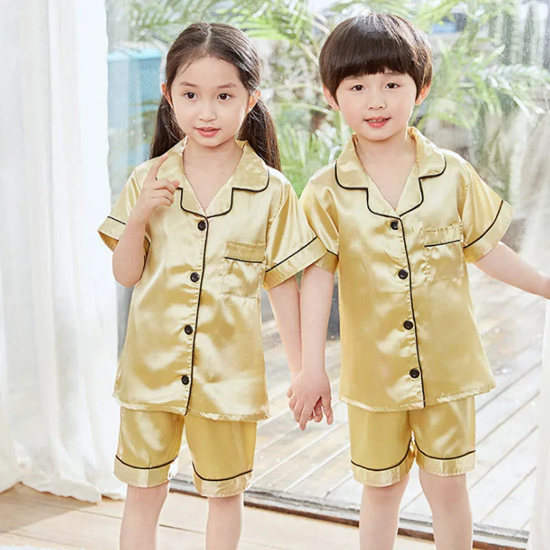 Children Silk Satin Pyjamas Set Baby Sleepwear Pijama Solid color Pajamas Suit Boys Girls Nightwear Autumn Kids Loungewear Pjs GONZALES ONLINE SHOP