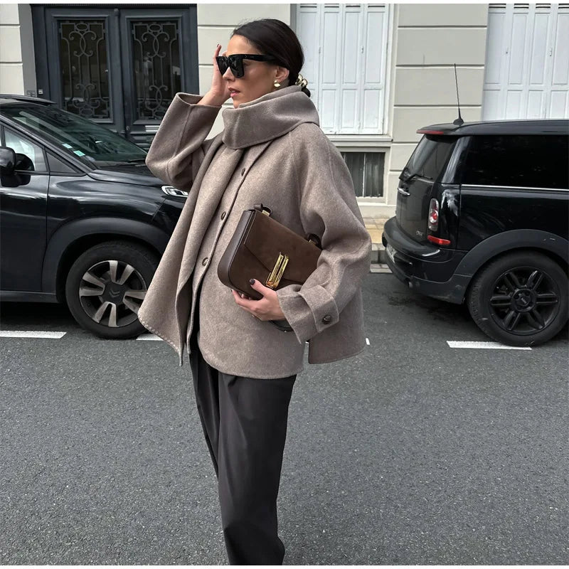 Fashion Solid Woolen Coat With Scarf Elegant Long Sleeve Single Breasted Pockets Jackets 2024 Winter Female Chic Street Outwear GONZALES ONLINE SHOP