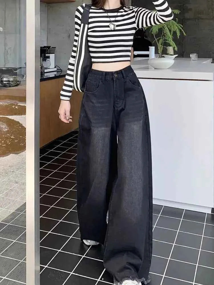 Elegant Chic American Vintage Black Wide Leg Jeans Women High Waist Loose Fit Slimming Draping Raw Hem Floor Length Denim