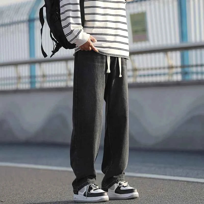 Men's summer loose straight leg pants with elastic drawstring, casual jeans, comfortable, fashionable and trendy jeans