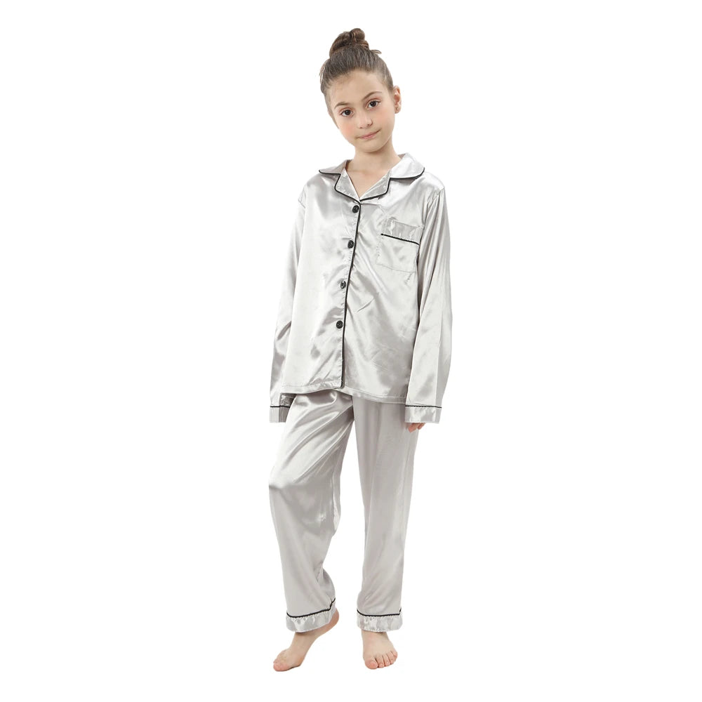 Children Silk Satin Pyjamas Set Baby Sleepwear Pijama Solid color Pajamas Suit Boys Girls Nightwear Autumn Kids Loungewear Pjs GONZALES ONLINE SHOP