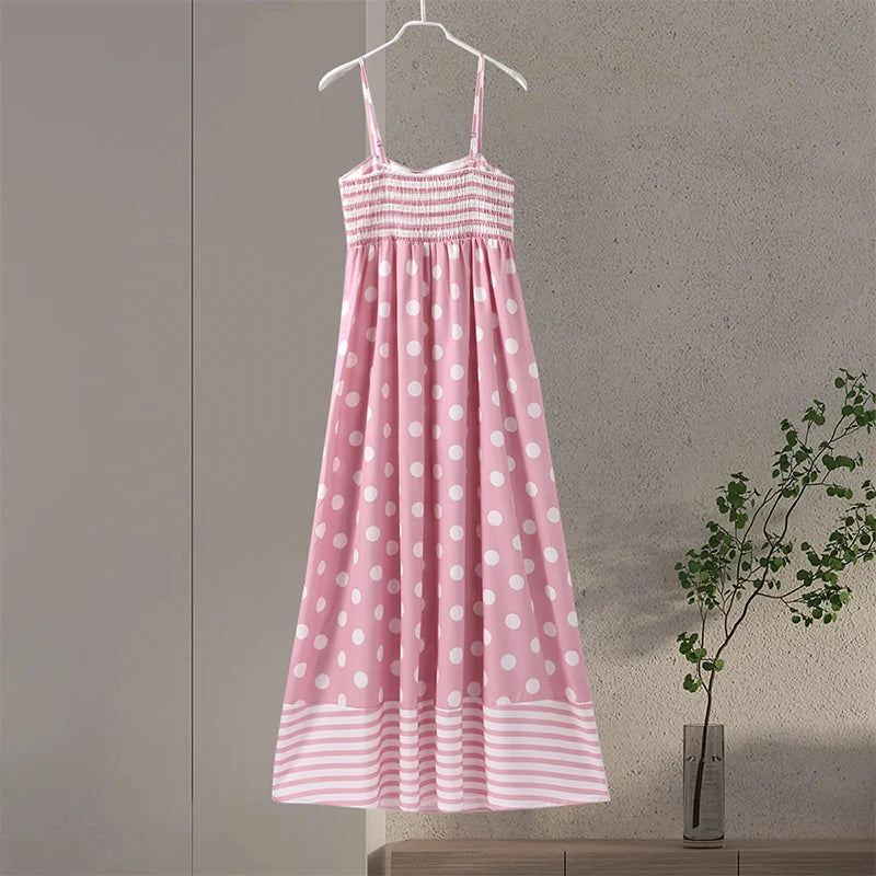 Pink Print Sling Dress Women Elegant Round Dot A Line Sleevelss Robe Female 2024 Summer Backless Elasticity Soft Dresses Lady GONZALES ONLINE SHOP