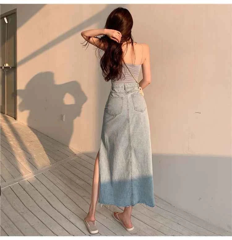 Streamgirl Maxi Jeans Skirt Women Denim Long Skirts Summer 2024 Vintage Maxi Skirt Side Split Denim Skirt Women Long Korean