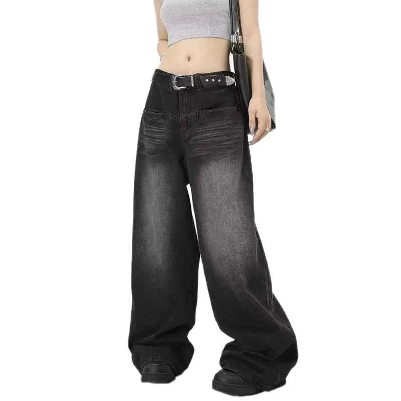 Oversized Retro Black Jeans Wide Leg Pants For Women Chic Y2K Low Waist Baggy Jeans Trouser Mens Barrel Jeans Streetwear